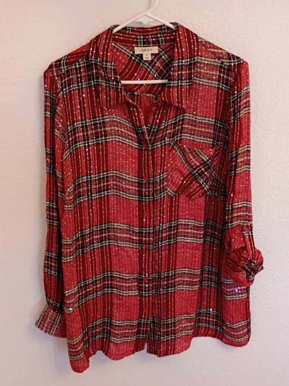 STYLE & CO WOMEN'S TOP BLACK RED PLAID LONG ROLL TAB SLEEVE BUTTON UP SEQUINS 2X